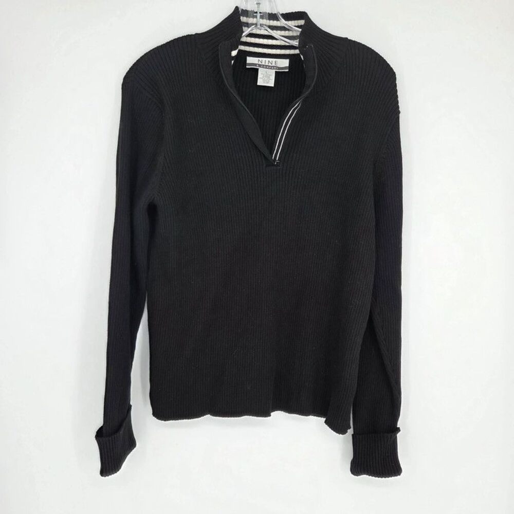 Nine & Company Womens Black Ribbed Quarter-Zip Mock Neck Sweater Size Large